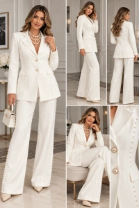 Costum dama elegant alb cu perle - sacou cambrat si pantaloni - Img 2