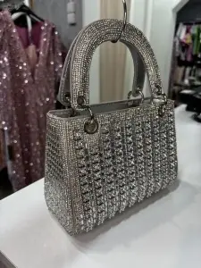 Geantă damă elegantă cu strasuri – clutch de seară cu mâner, stil glam - Img 5