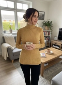 Maletă damă din tricot rib cu guler înalt – bluză mulată, stil casual elegant - Img 6