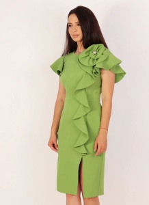 Rochie elegantă verde fistic cu volane și aplicație florală 3D