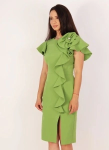 Rochie elegantă verde fistic cu volane și aplicație florală 3D