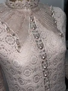 Cămașă elegantă din dantelă roz pudrat cu perle și aplicații strălucitoare - Img 2