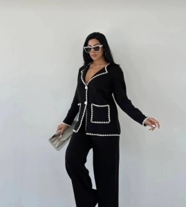 Compleu damă din tricot negru, cu detalii albe - Img 4