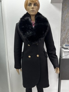Palton damă negru elegant cu guler din blană ecologică și cordon în talie - Img 4
