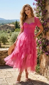 Rochie Midi Roz din Tulle și Dantelă - Img 2