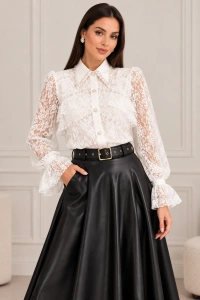 Cămașă damă, albă elegantă din dantelă cu perle, mânecă lungă cu volane, stil chic