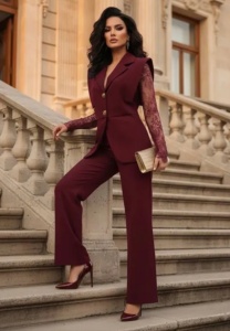 Costum elegant damă burgundy cu mâneci din dantelă - Img 2