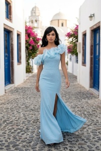 Rochie elegantă cu perle baby blue - Img 3