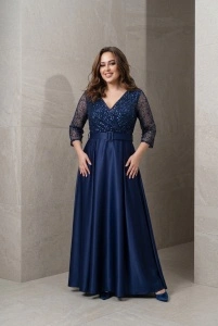 Rochie lungă bleumarin cu paiete și mâneci din tull