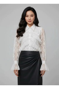 Cămașă damă, albă elegantă din dantelă cu perle, mânecă lungă cu volane, stil chic - Img 2