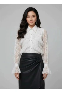 Cămașă damă, albă elegantă din dantelă cu perle, mânecă lungă cu volane, stil chic - Img 2