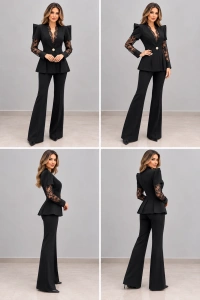 Costum elegant damă negru cu sacou cambrat, dantelă și pantaloni evazați - Img 2