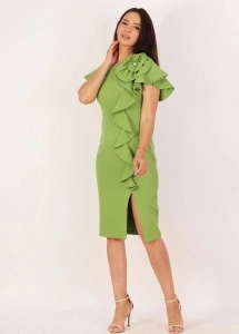 Rochie elegantă verde fistic cu volane și aplicație florală 3D - Img 2