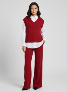 Compleu damă elegant alb-roșu din catifea raiată – Pulover tip cămașă cu pantaloni evazați