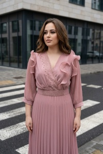 Rochie elegantă roz pudră cu pliuri fine - Img 3