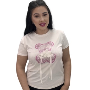 Tricou damă din bumbac cu imprimeu ursuleț cu paiete și aplicație florală – casual chic, disponibil în mai multe culori