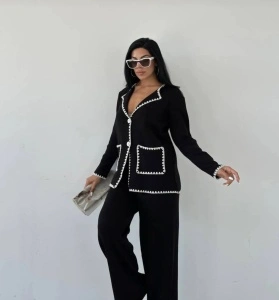 Compleu damă din tricot negru, cu detalii albe - Img 2