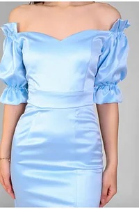 Rochie baby blue scurta cu maneci cazute - Img 2
