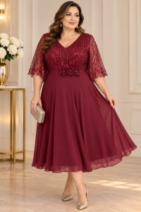 Rochie elegantă damă bordo cu paiete și mâneci din voal – Plus SizE