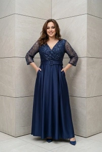 Rochie lungă bleumarin cu paiete și mâneci din tull - Img 2