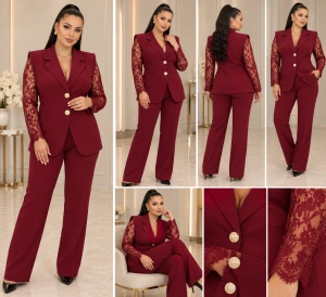 Costum elegant damă burgundy cu mâneci din dantelă - Img 2