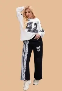 Pantaloni lungi cu dantelă si talie elastică