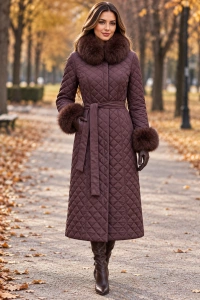 Geacă Lungă de Damă Matlasată cu Blăniță și Cordon în Talie – Elegantă de Iarnă