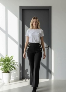 Pantaloni negri eleganți cu talie înaltă și nasturi decorativi