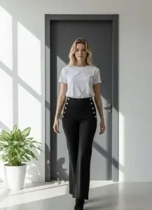 Pantaloni negri eleganți cu talie înaltă și nasturi decorativi