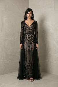 Rochie neagră lungă de seară cu trenă și paiete – eleganță glamour - Img 2