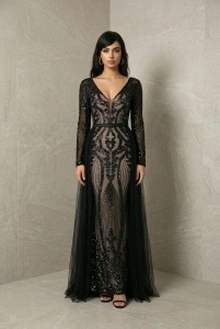 Rochie neagră lungă de seară cu trenă și paiete – eleganță glamour - Img 2