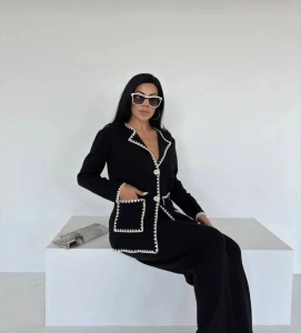 Compleu damă din tricot negru, cu detalii albe - Img 3