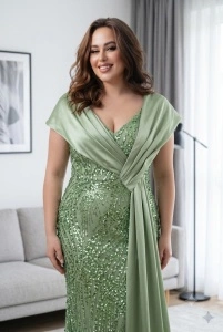 Rochie elegantă verde cu paiete și voal - Img 2