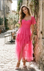 Rochie Midi Roz din Tulle și Dantelă