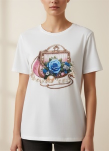 Tricou alb dama, din bumbac cu perle aplicate