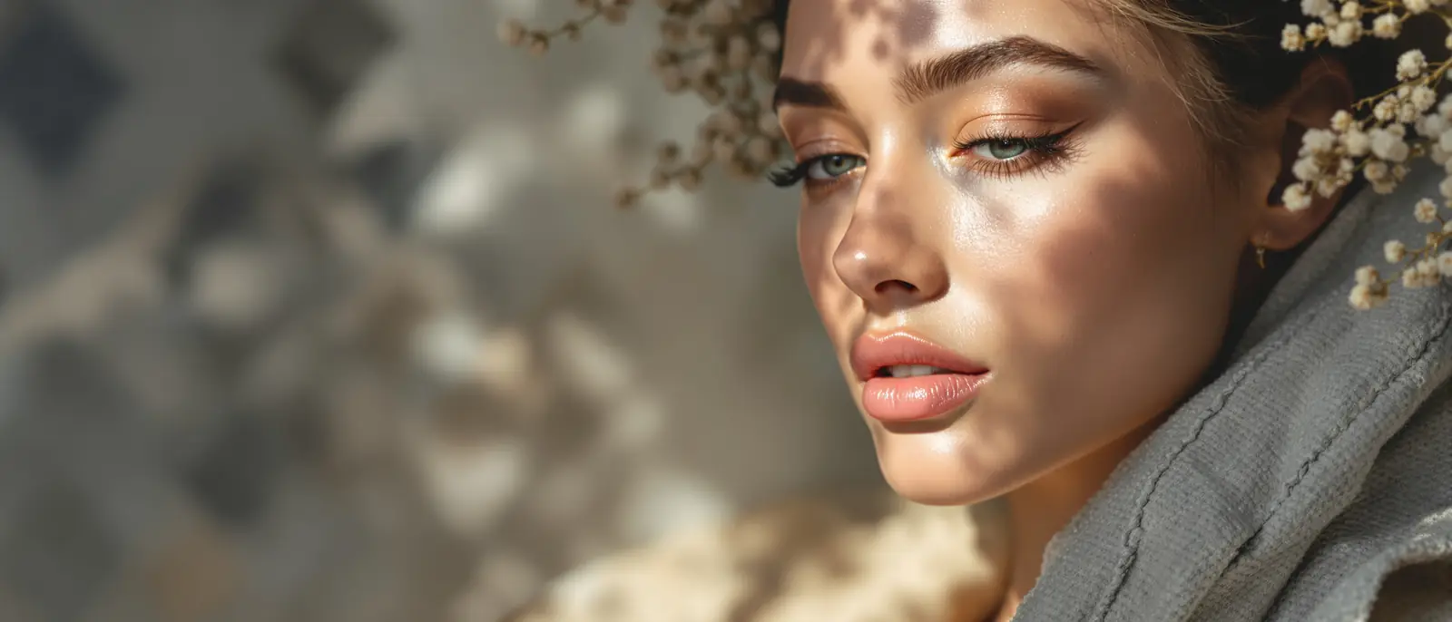 Soft-light portrait of luminous skin with apothecary glass serum
