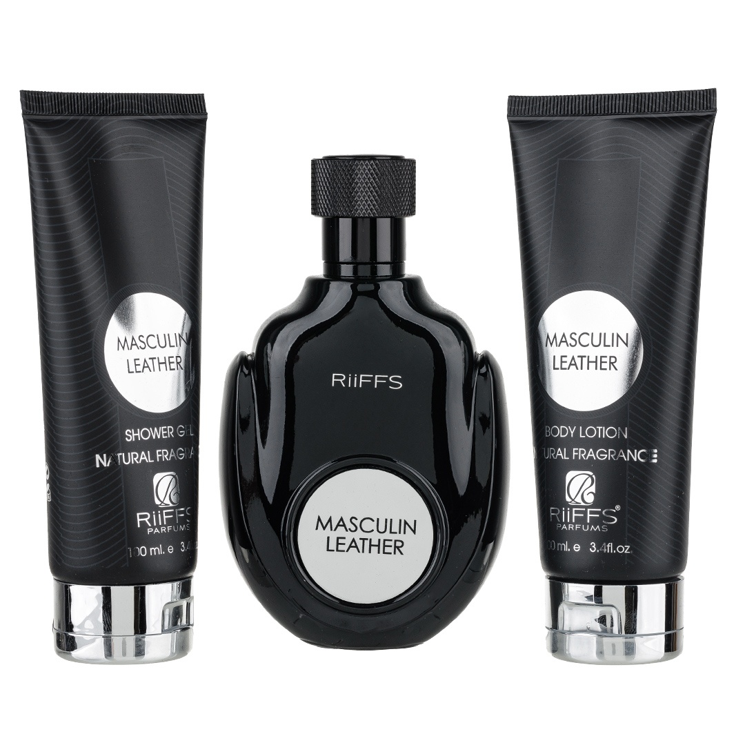 Set Cadou Masculin Leather Apa de Parfum 100ml + Gel De Dus 100ml + Lotiune de corp 100ml, Riiffs