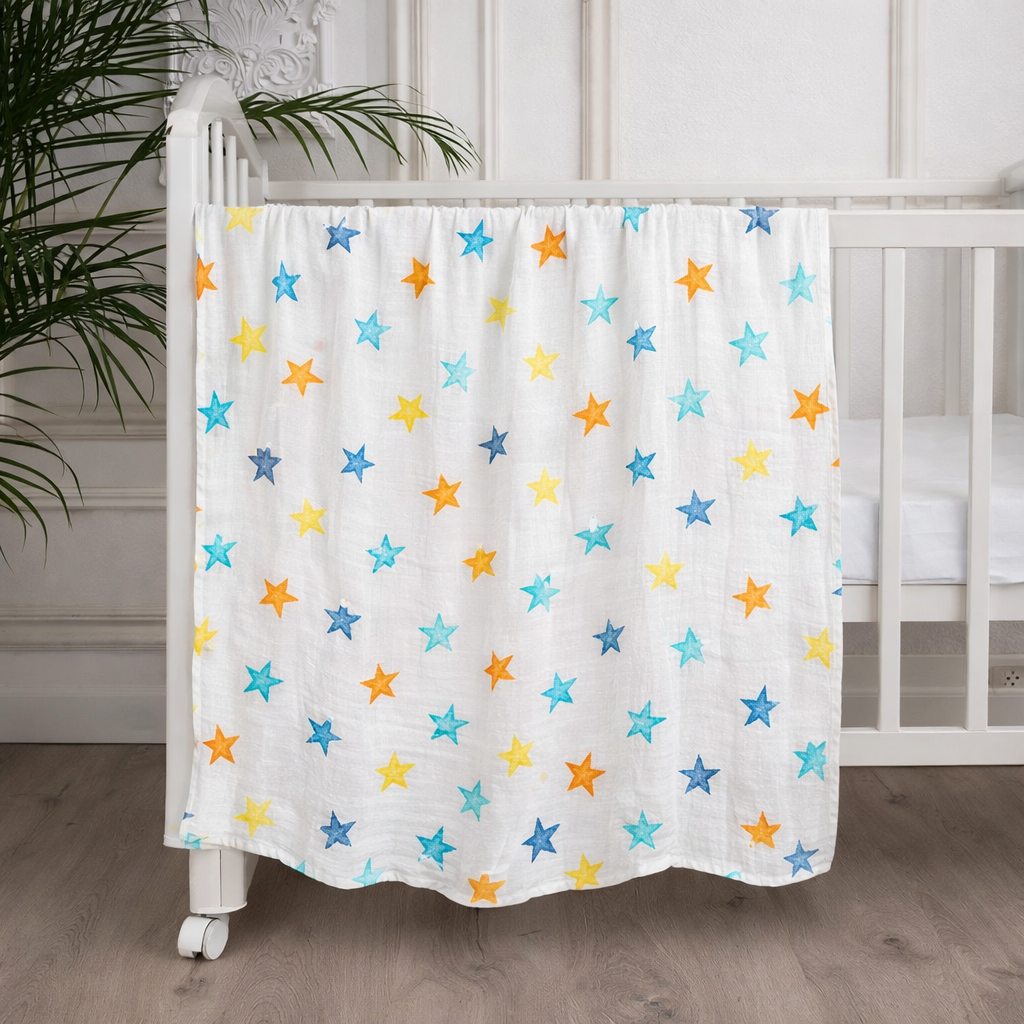 păturică din mușelină BabyTeo pentru bebeluși cu model stele