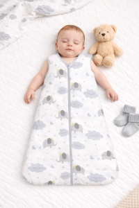 Set 2 saci de dormit - Alb cu norisori - 100% bumbac natural - marime 12-18 luni - certificat OEKO-TEX