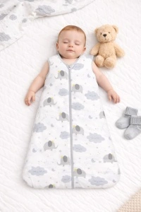 Set 2 saci de dormit - Alb cu norisori - 100% bumbac natural - marime 12-18 luni - certificat OEKO-TEX
