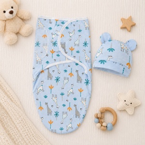 Set 2x sistem de infasare pentru bebelusi cu caciulita, tip Swadlle - Albastru/Albastru cu animalute - Bumbac organic certificat - Img 2