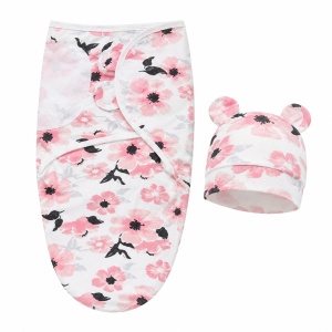 Set 2x sistem de infasare pentru bebelusi cu caciulita, tip Swadlle - Roz/Alb floral - Bumbac organic certificat - Img 6