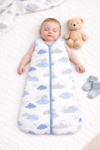 Set 2 saci de dormit BabyTeo – Somn sigur, confort maxim pentru bebe - Albastru - 100% bumbac natural - marime 6-12 luni - certificat OEKO-TEX