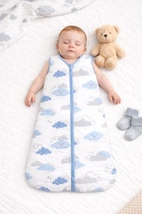 Set 2 saci de dormit BabyTeo – Somn sigur, confort maxim pentru bebe - Albastru - 100% bumbac natural - marime 6-12 luni - certificat OEKO-TEX