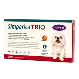 Simparica Trio XS Câini 2.5-5 kg, 1 Comprimat | Căpușe, Purici, Viermi Intestinali și Prevenție Dirofilarioză