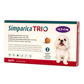 Simparica Trio XS Câini 2.5-5 kg, 3 Comprimate | Căpușe, Purici, Viermi Intestinali și Prevenție Dirofilarioză