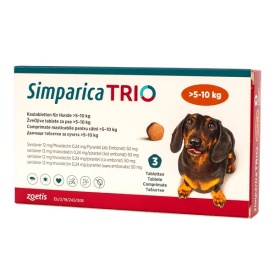 Simparica Trio S Câini 5-10 kg, 1 Comprimat | Căpușe, Purici, Viermi Intestinali și Prevenție Dirofilarioză
