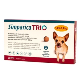 Simparica Trio XXS Câini 1.25-2.5 kg, 1 Comprimat | Căpușe, Purici, Viermi Intestinali și Prevenție Dirofilarioză