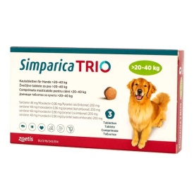 Simparica Trio L Câini 20-40 kg, 1 Comprimat Masticabil – Protecție 3în1: Purici, Căpușe și Viermi
