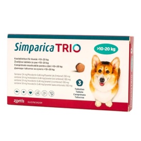 Simparica Trio M Câini 10-20 kg, 1 Comprimat | Căpușe, Purici, Viermi Intestinali și Prevenție Dirofilarioză